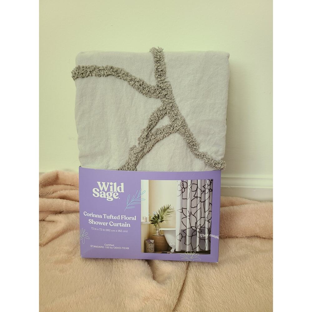 NWT Wild Sage Shower Curtain Grey 72x72 72" x 72" standard Corinna Tufted Floral